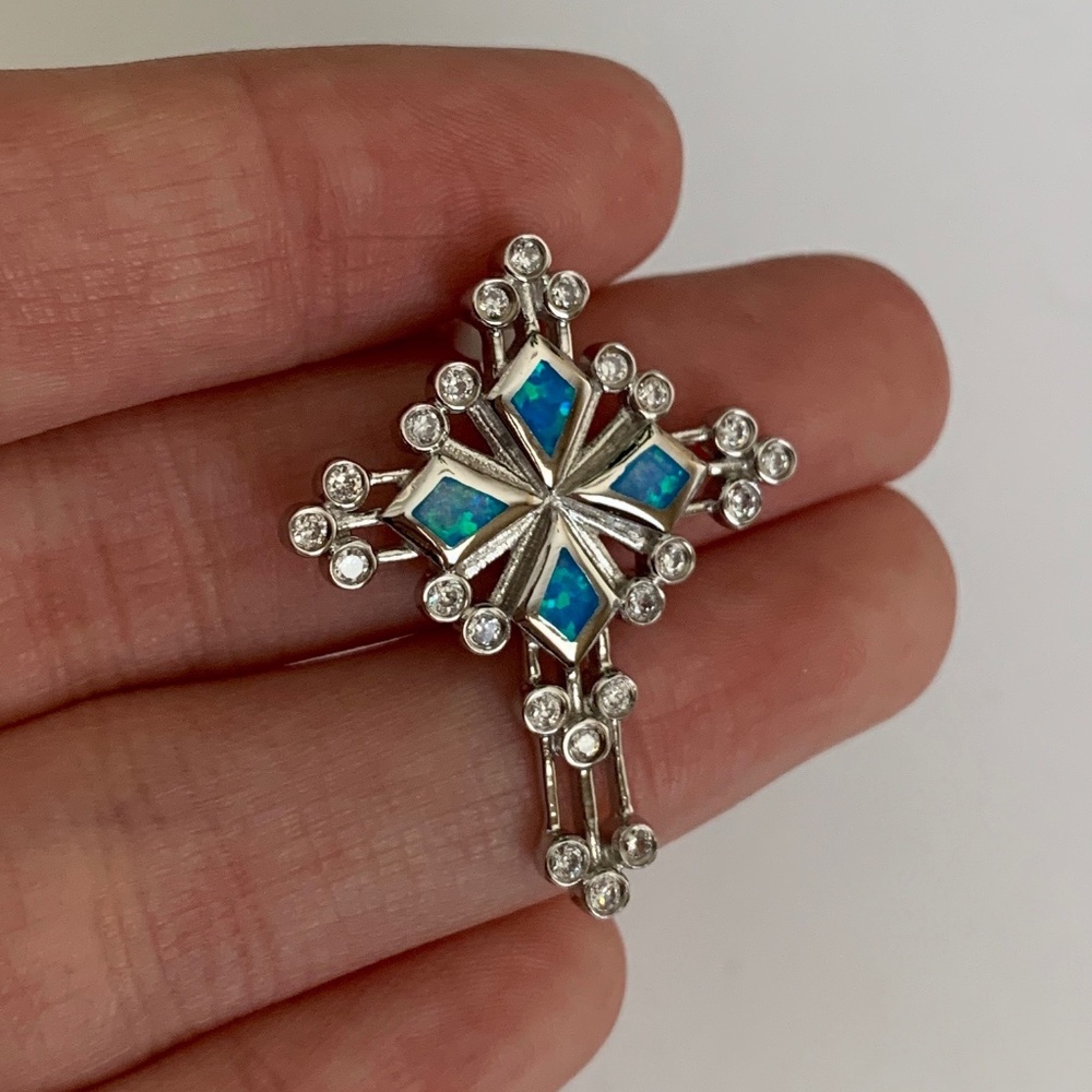 Blue Fire Opal Inlay Sterling Silver Cross Pendant